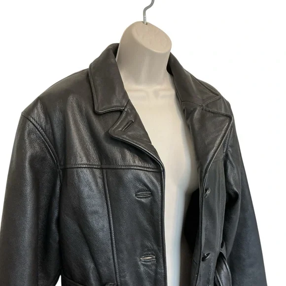 Vintage TW Tannery West Womens Med Black Lined Leather Belted Jacket Hipster Y2K - Picture 3 of 14